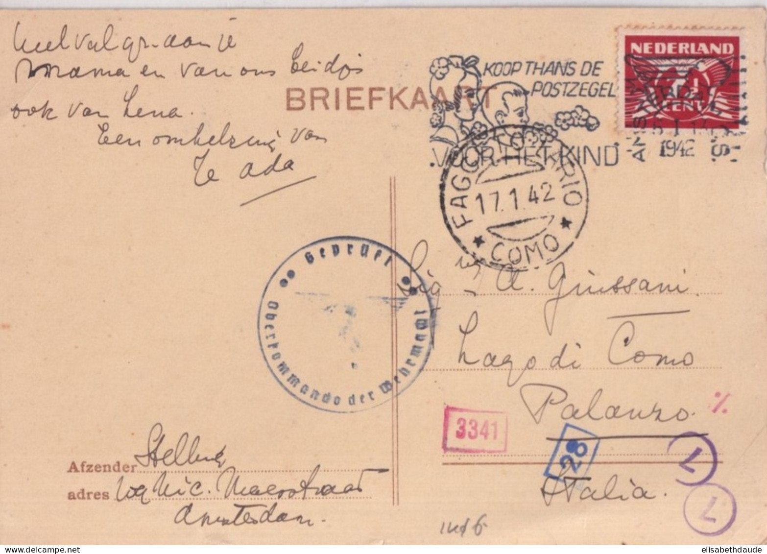 1942 - NEDERLAND - CARTE CENSUREE De AMSTERDAM => LAGO DI COMO (ITALIA) ! - Brieven En Documenten