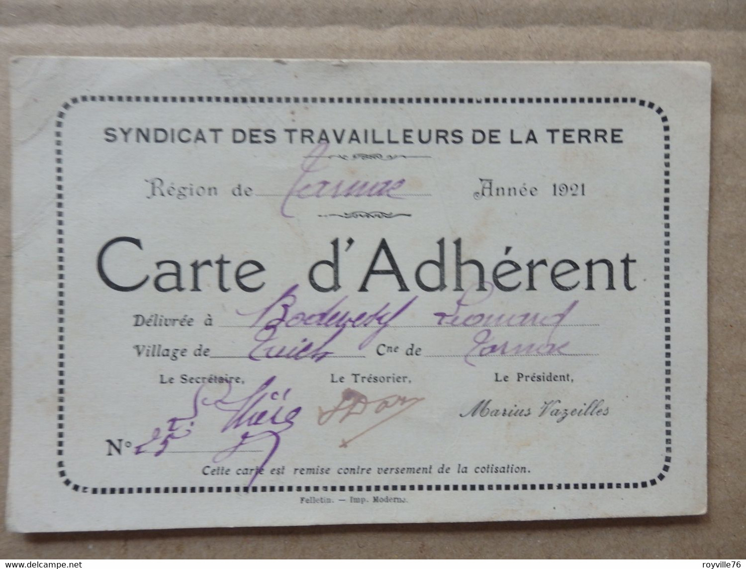 Carte D'adhérent Au Syndicat Des Travailleurs De La Terre Carnac (56) à Bodevesy Léonard En 1921. - Hipismo