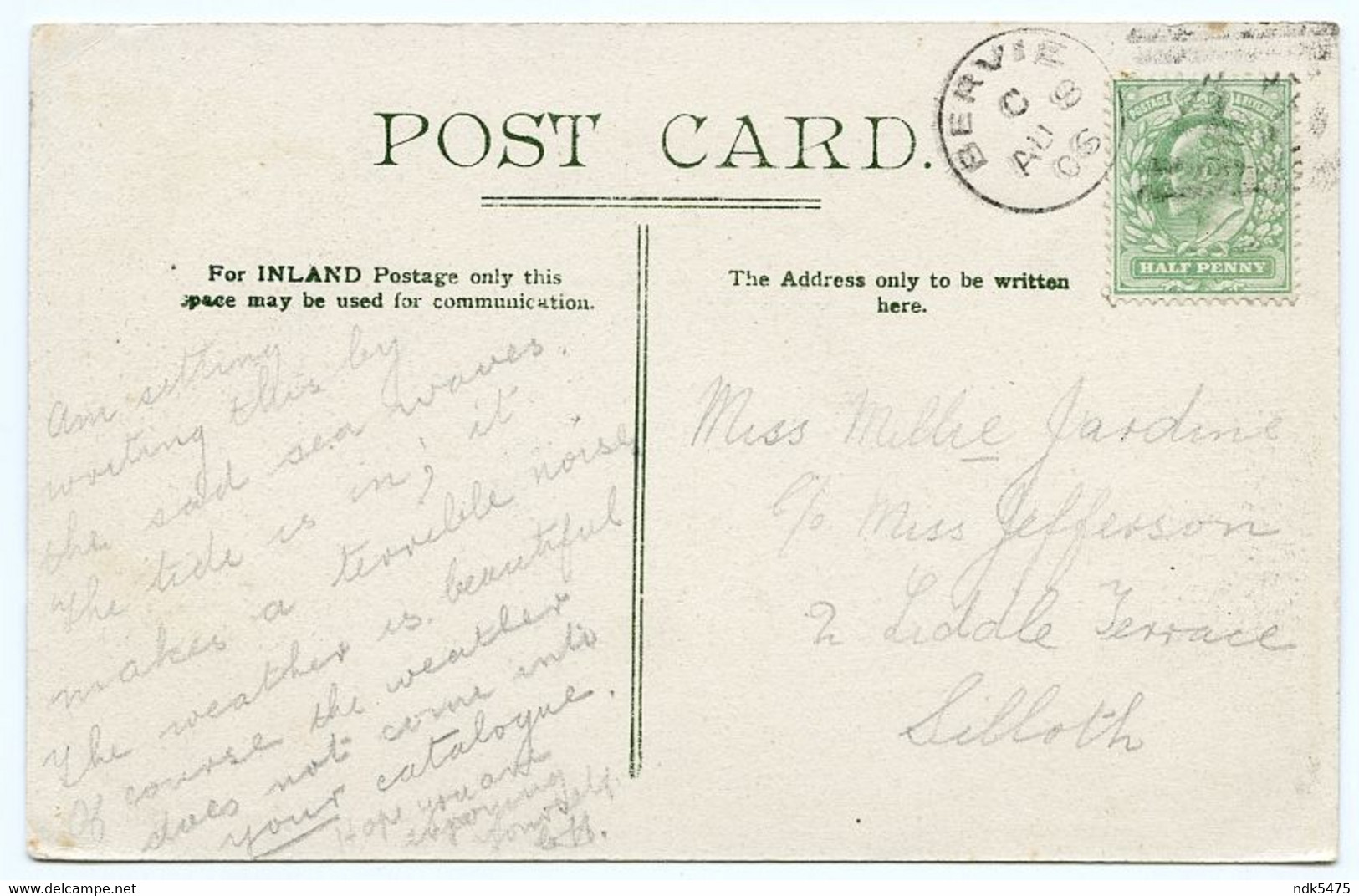 BERVIE : HALLGREEN CASTLE / POSTMARK - BERVIE (SINGLE CIRCLE) / ADDRESS - SILLOTH, LIDDLE TERRACE (JEFFERSON) - Kincardineshire