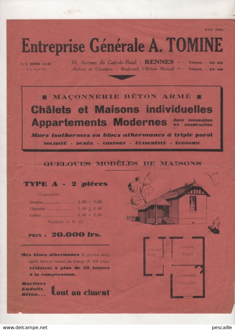 PUBLICITE ENTREPRISE GENERALE A. TOMINE AVENUE DU GUE DE BAUD à RENNES - CHALETS ET MAISONS INDIVIDUELLES - AVRIL 1934 - Reclame