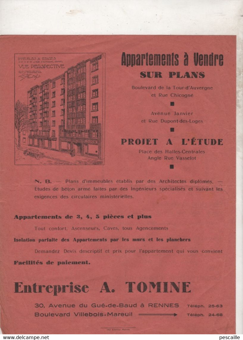 PUBLICITE ENTREPRISE GENERALE A. TOMINE AVENUE DU GUE DE BAUD à RENNES - CHALETS ET MAISONS INDIVIDUELLES - AVRIL 1934 - Reclame