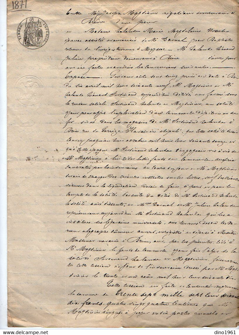 VP19.064 - MEYSSAC - Acte De 1871 - Entre Mr MAGDINIER à BRIVE & Mrs DARNAL X  LALANDE - Manuscrits