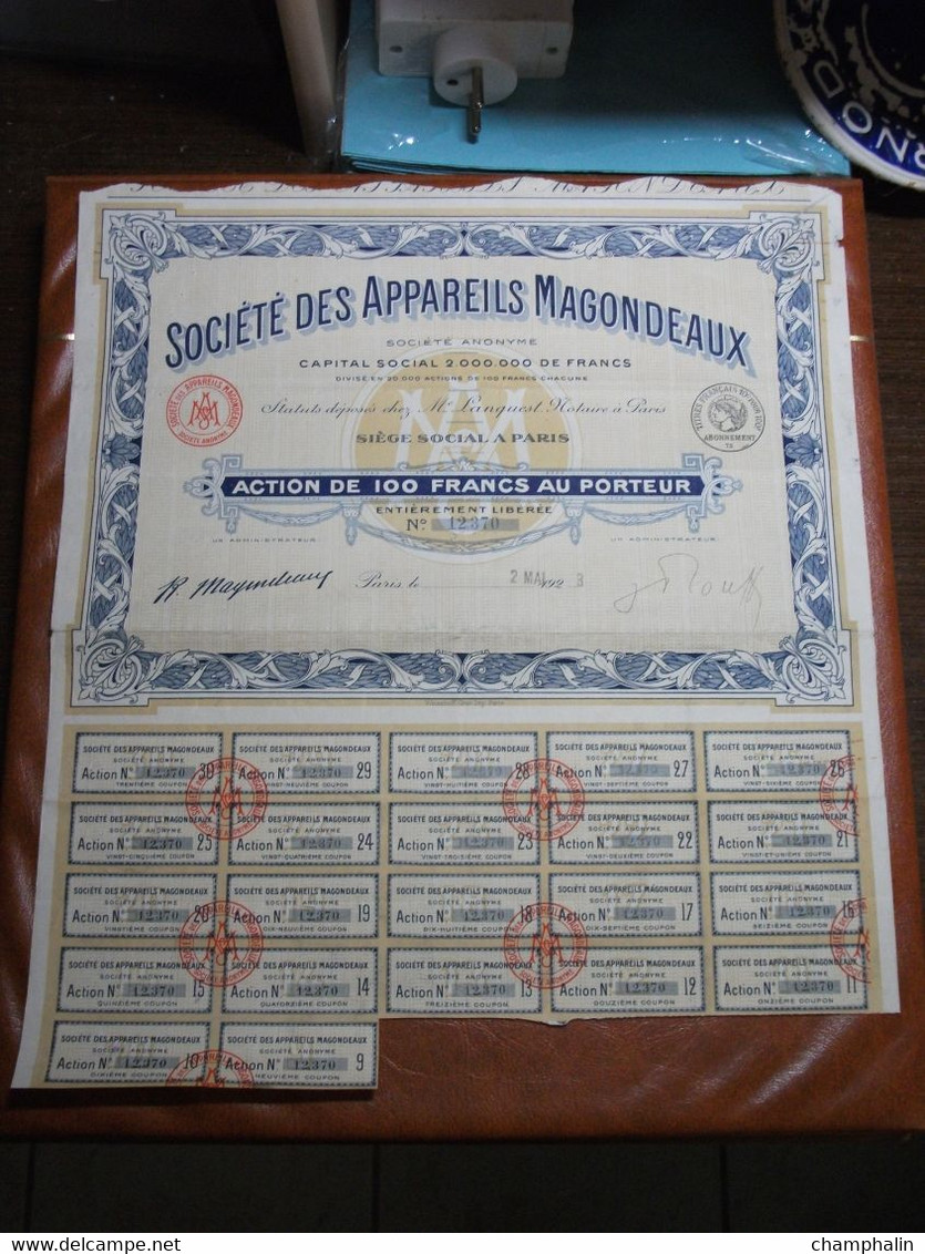 Actions - Société Des Appareils Magondeaux à Paris (75) - 2 Mai 1923 - Action Au Porteur - M - O