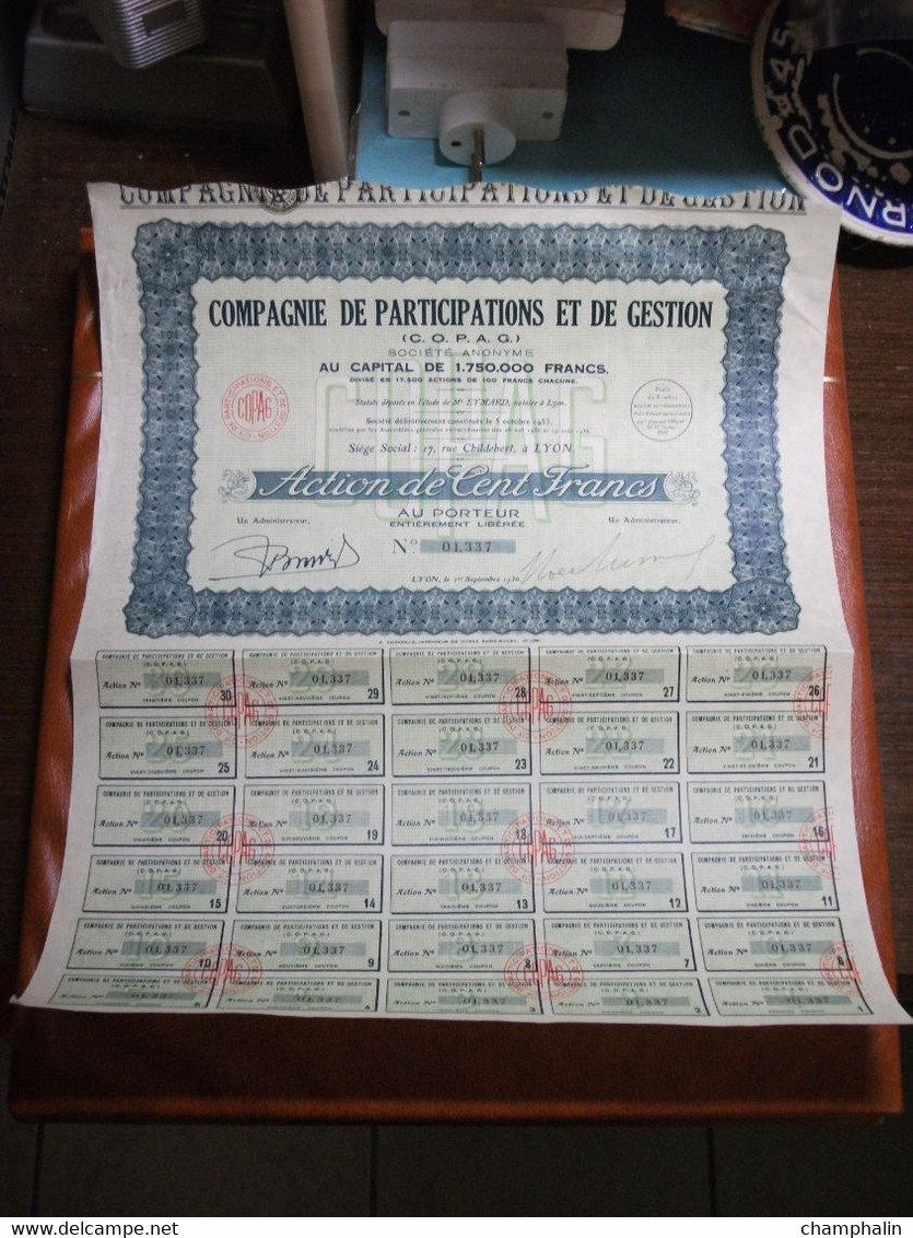 Actions - Compagnie De Participations Et De Gestion C.O.P.A.G. à Lyon (69) - 1er Septembre 1936 - Action Au Porteur - P - R