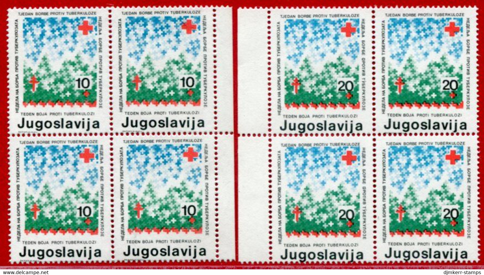 YUGOSLAVIA 1986 Red Cross Anti-Tuberculosis Tax 10, 20 D. Perforated 13¼:13½ Blocks Of 4 MNH / **. Michel ZZM 119C, 122C - Ungebraucht