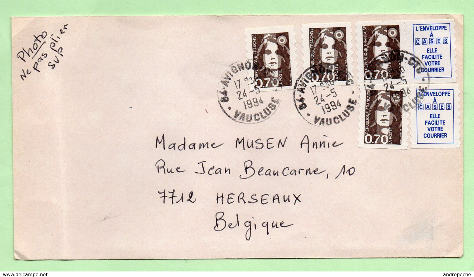 0,70 "MARIANNE De BRIAT" (x4) + VIGNETTES - Sur Lettre Pour BELGIQUE - 24/5/94 - - Tarifs Postaux