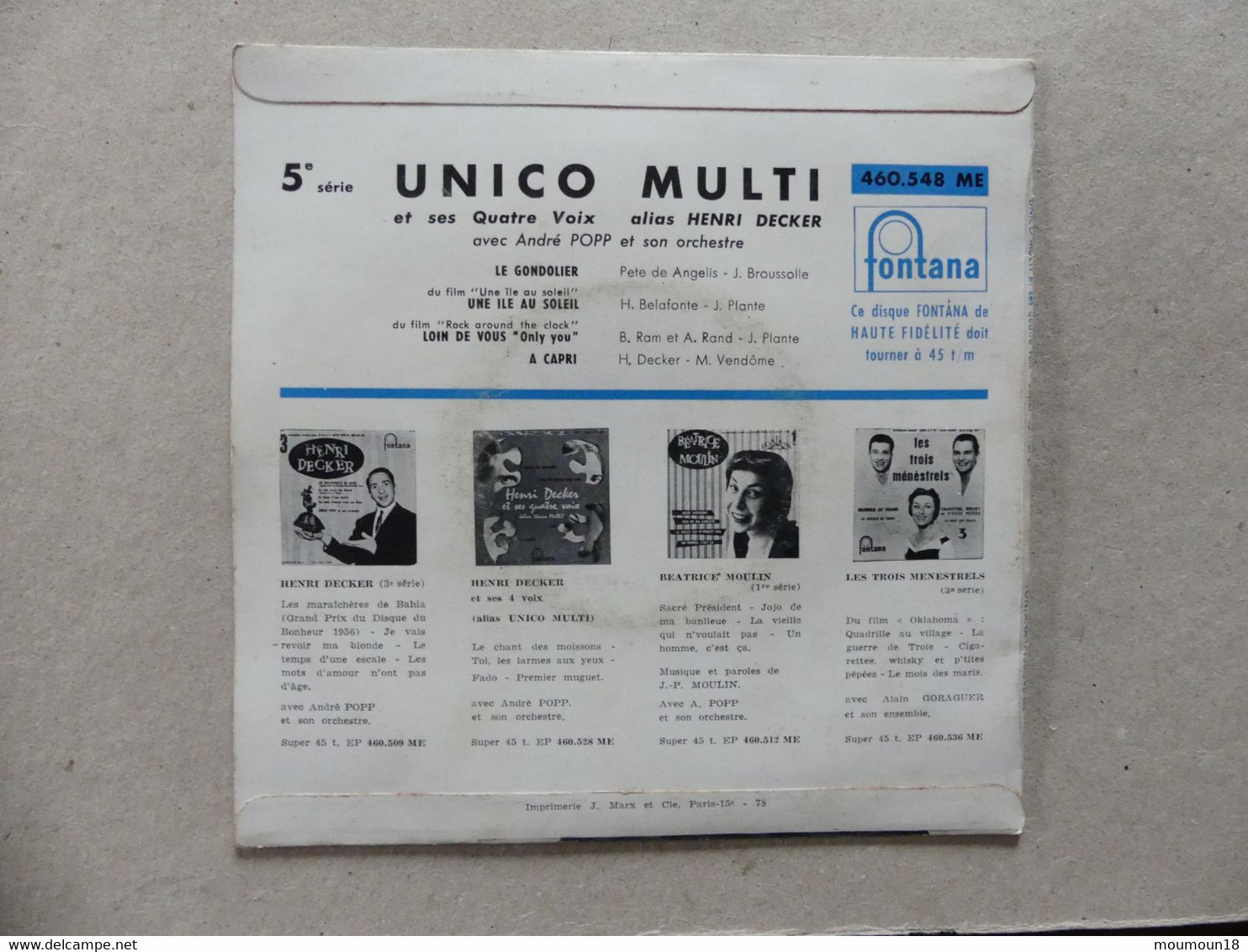 Unico Multi Et Ses Quatre Voix Le Gondolier 460548ME Fontana - 45 T - Maxi-Single
