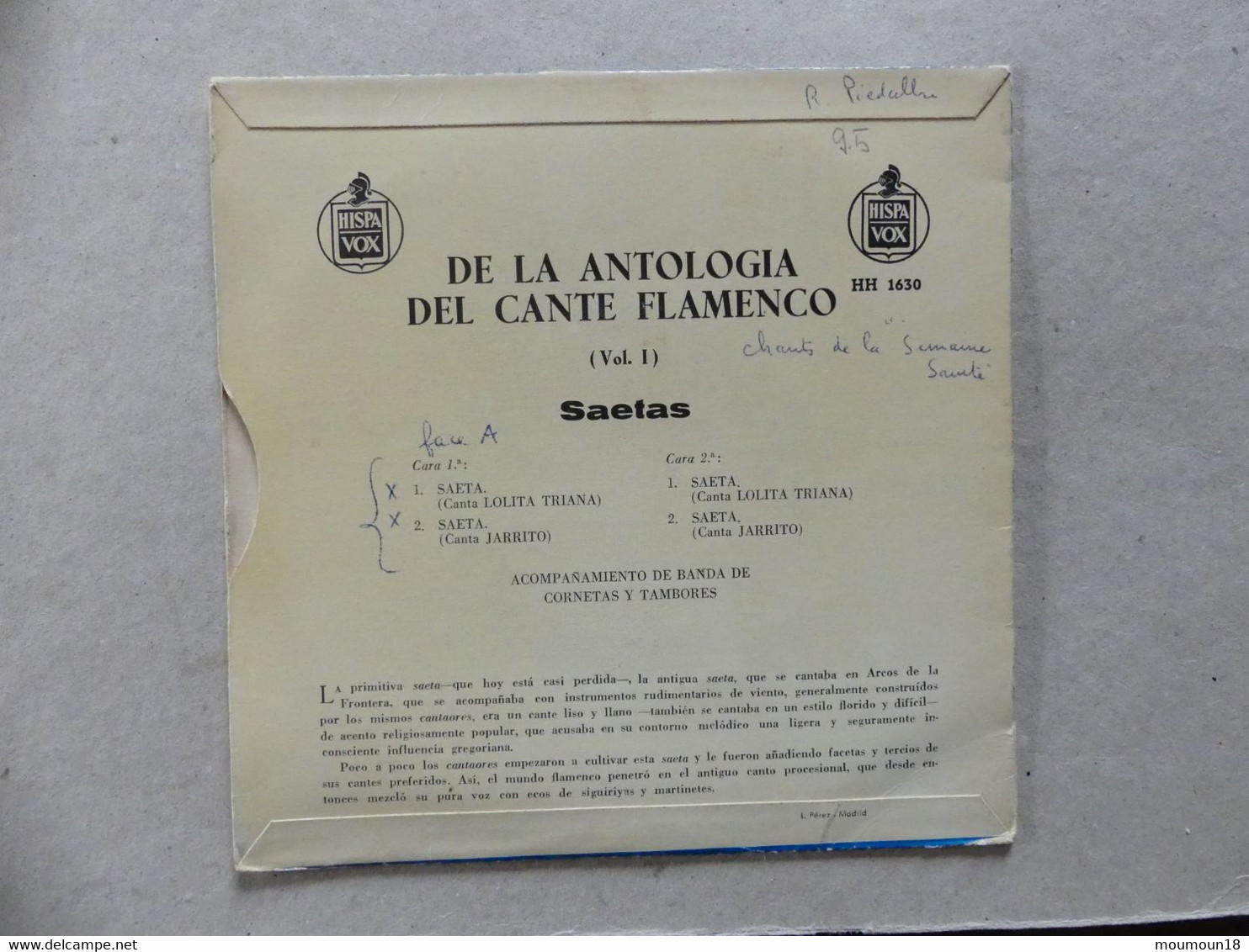 De La Antologia Del Cante Flamenco Saetas HH1630 Lolita Triana Y Jarrito Vol. 1 - 45 T - Maxi-Single