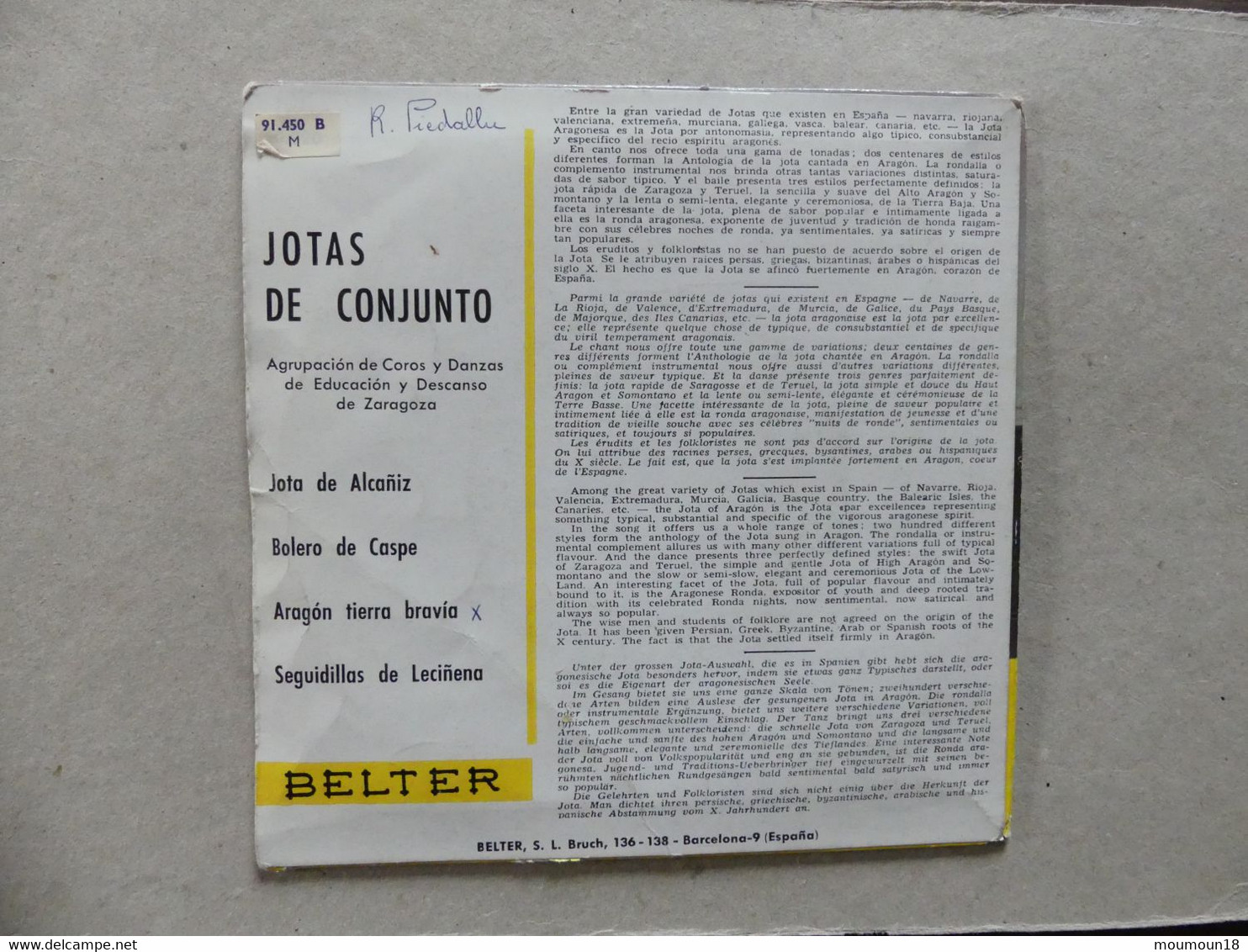 Jutas De Conjunto Agrupacion De Coros Y Danzas De Zaragoza 91450B Belter - 45 T - Maxi-Single