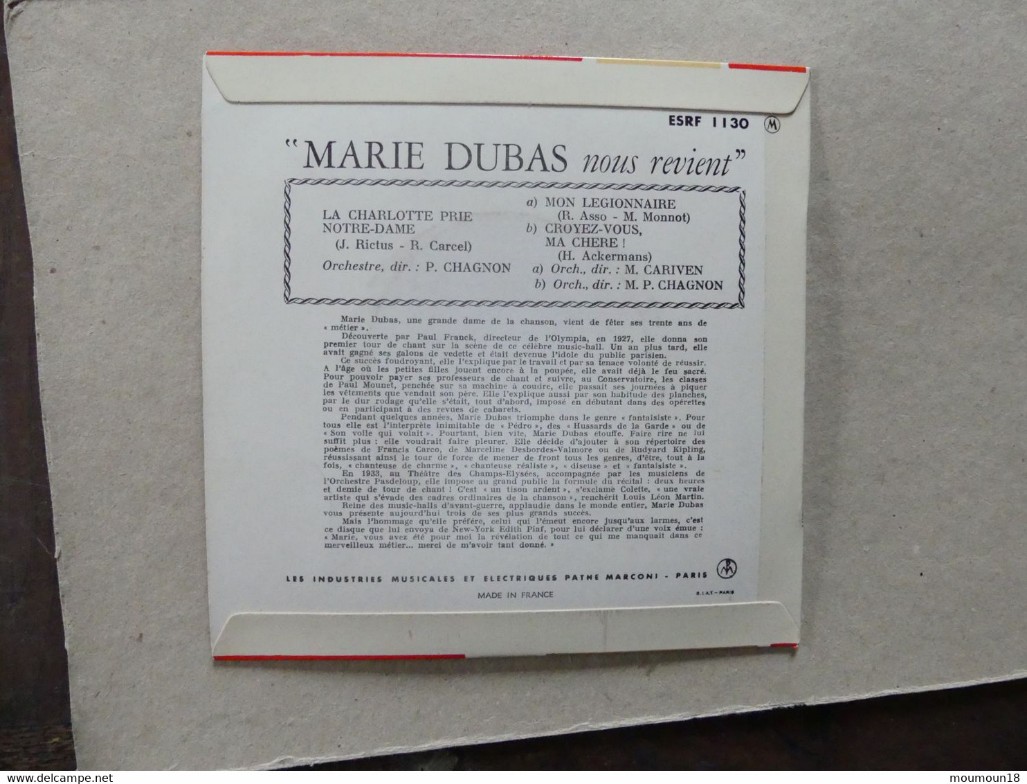 Marie Dubas Nous Revient Mon Légionnaire ESRF1130 Culumbia - 45 T - Maxi-Single