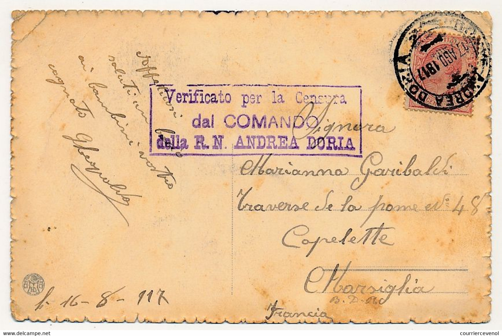 Carte Post. En Franchise - Cachet "... Andrea Doria" + Censure "Verificato Per La Censura Dal Comando Della R.N. Andrea - Militärpost (MP)