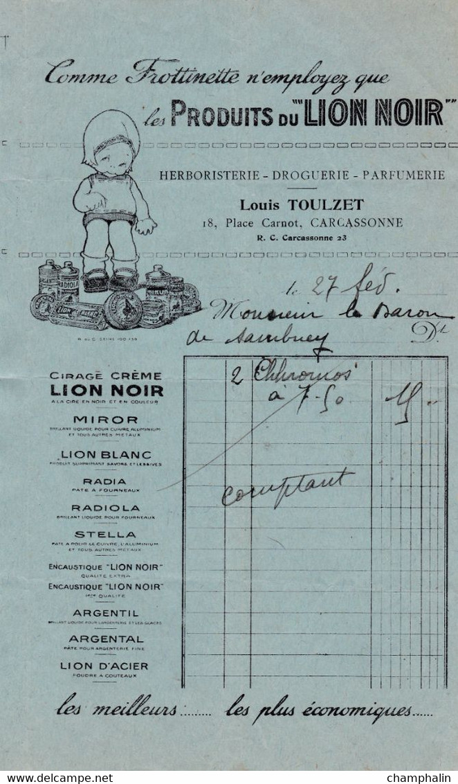 Facture De Carcassonne (11) - 27 Février 1927 - Droguerie Louis Toulzet - Produits Lion Noir Cirage - Droguerie & Parfumerie