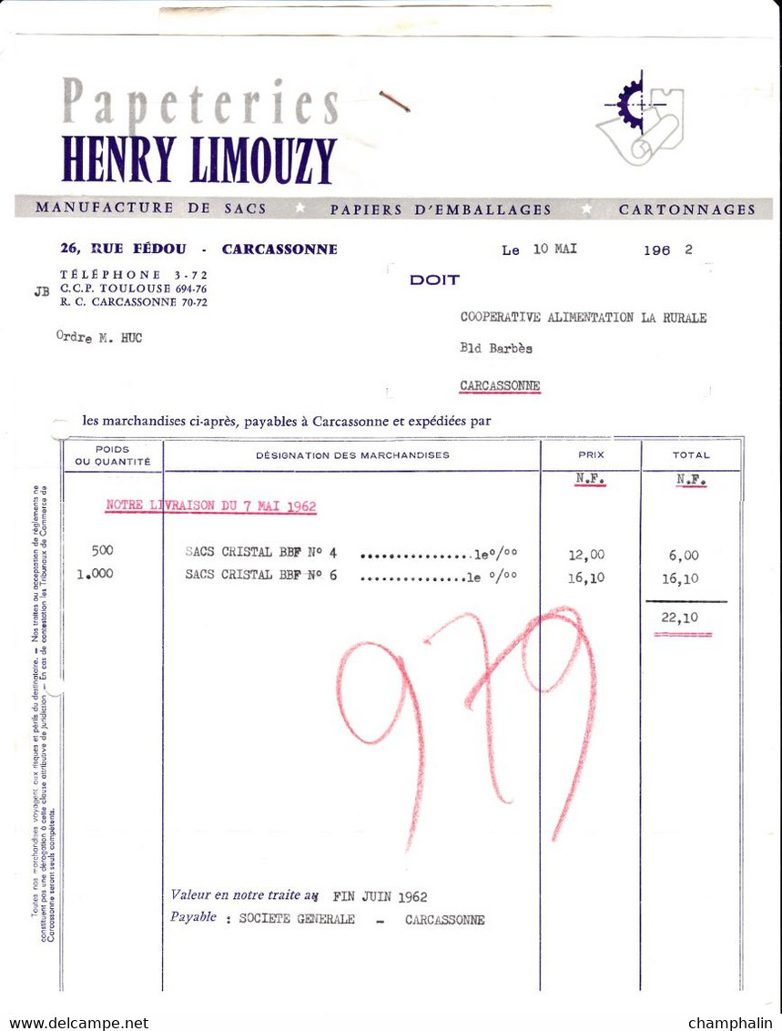 Facture De Carcassonne (11) Pour Carcassonne (11) - 10 Mai 1962 - Papéteries Henry Limouzy - + LDC - Droguerie & Parfumerie