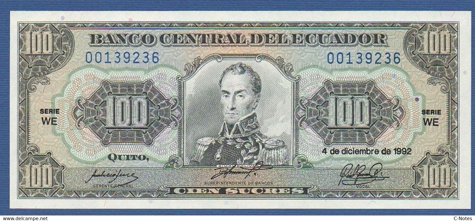 ECUADOR  - P.123Ab – 100 Sucres 04.12.1992 UNC, Series WE 00139236 - Equateur