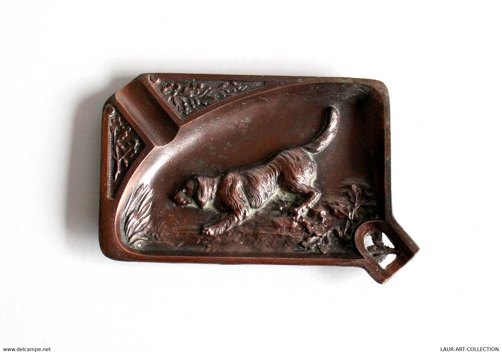 CENDRIER VIDE POCHE EN CUIVRE - CHIEN ANIMAL, SCENE DE CHASSE VENERIE - 14x10cm       (0507.60) - Métal