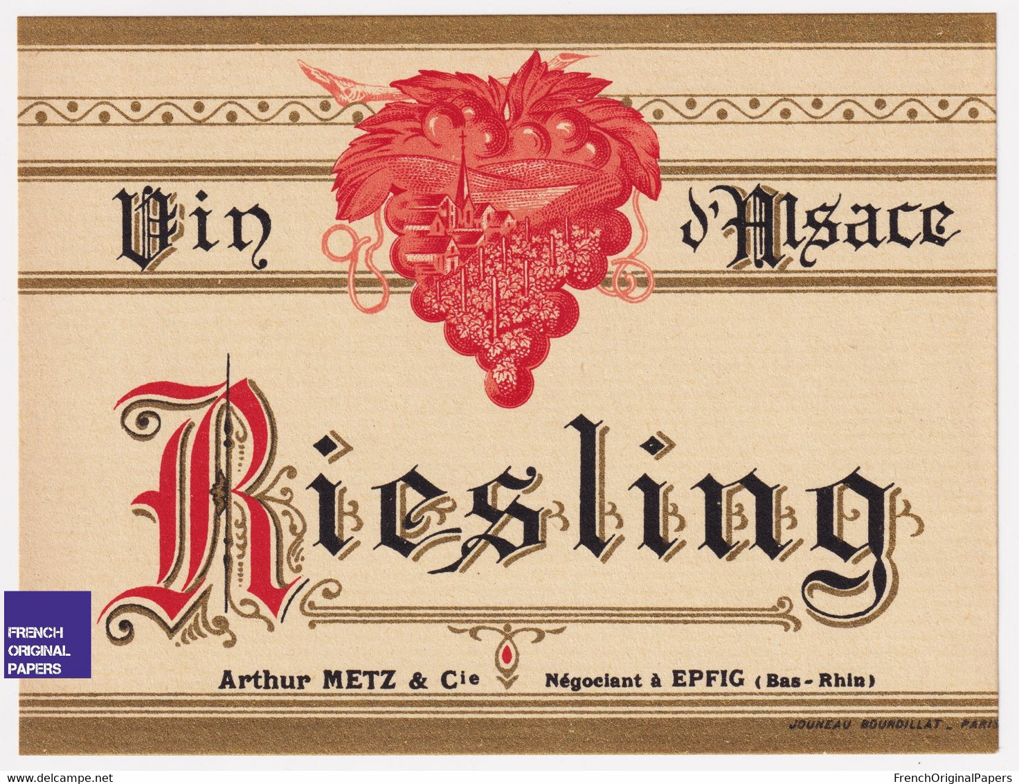 JAMAIS COLLEE 1980s étiquette Riesling Arthur Metz Négociant à Epfig Vin D' Alsace A54-12 - Riesling