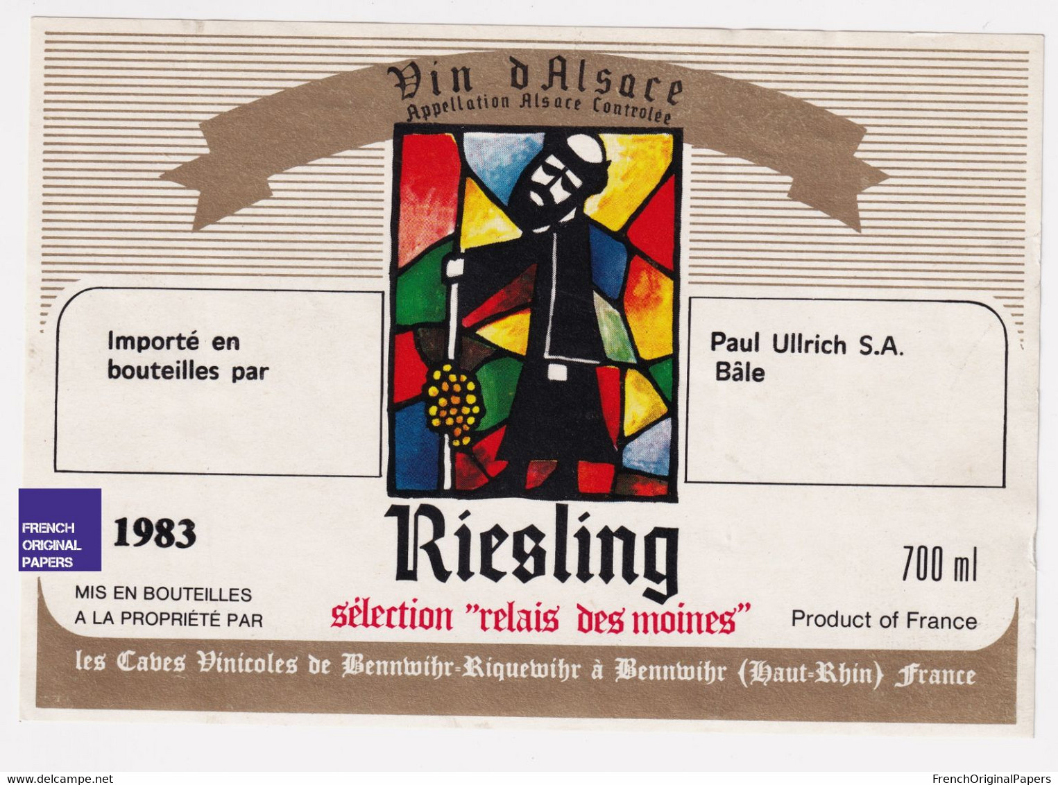 JAMAIS COLLEE 1983 étiquette Riesling Paul Ullrich Relais Des Moines Cave Bennwihr Riquewihr Vin D' Alsace A54-13 - Riesling