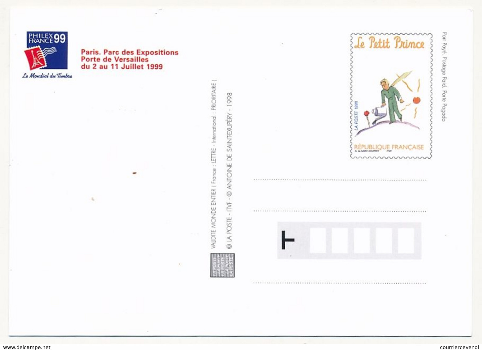 Série de 5 CP - Entiers postaux formant Cartes Maximum - LE PETIT PRINCE - Philexfrance 1999 - Paris 12/9/1998