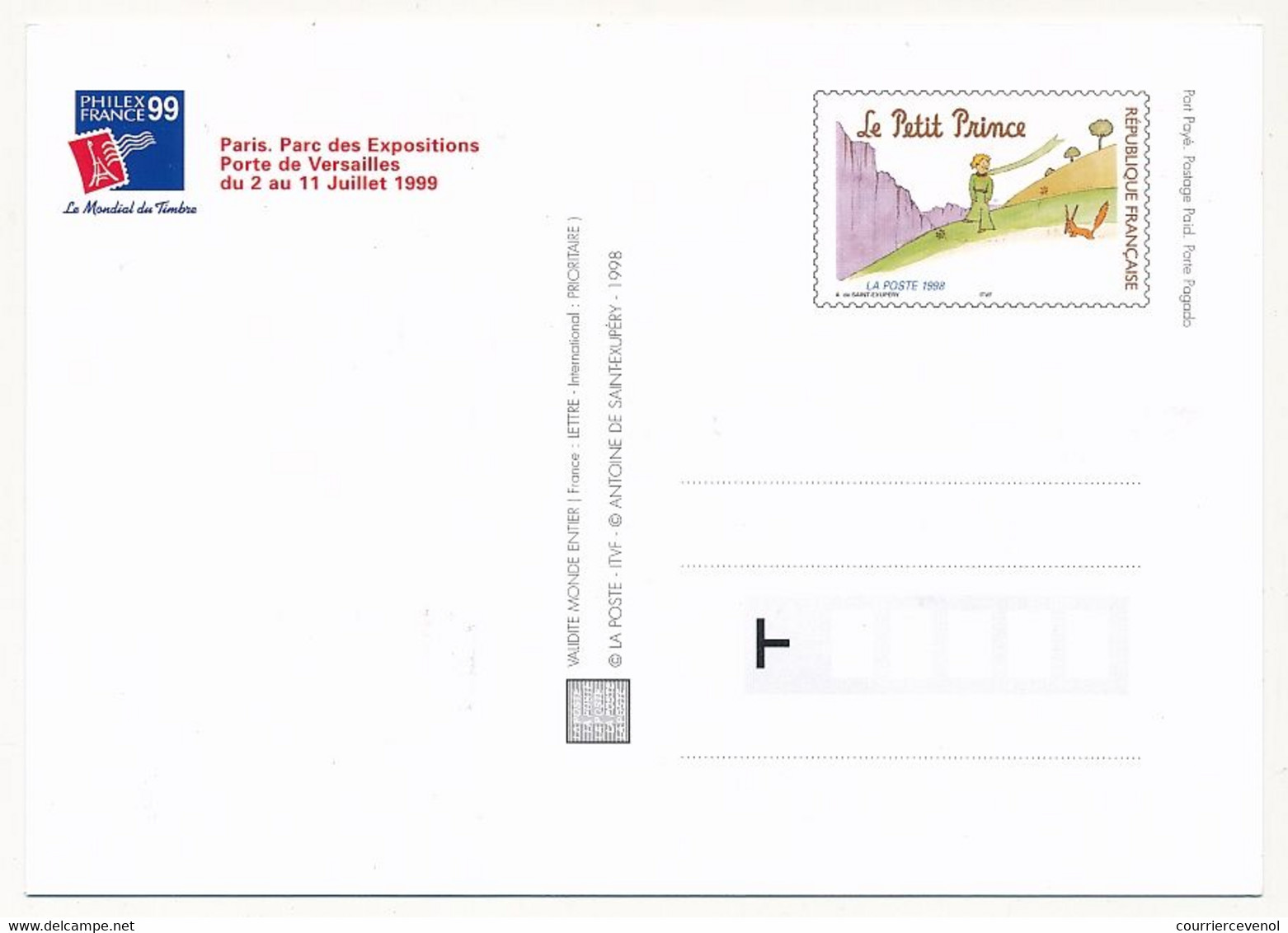 Série de 5 CP - Entiers postaux formant Cartes Maximum - LE PETIT PRINCE - Philexfrance 1999 - Paris 12/9/1998