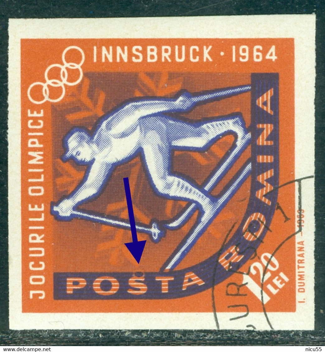 1963 Cross-country Skiing,Innsbruck Winter Olympics,Romania,Mi.2210,"Sun Eclipse" Error,VFU/2 - Errors, Freaks & Oddities (EFO)
