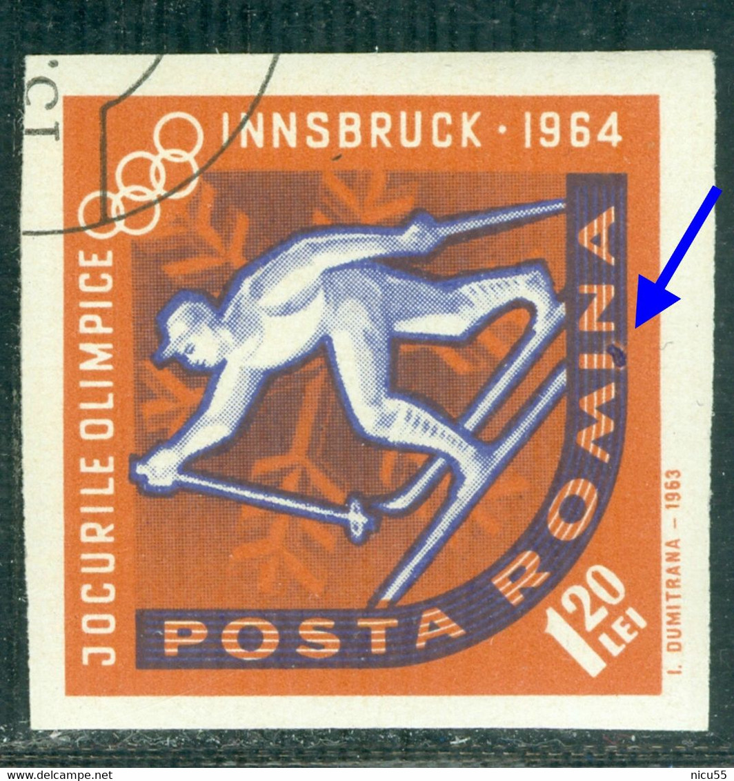 1963 Cross-country Skiing,Innsbruck Winter Olympics,Romania,Mi.2210,"Sun Eclipse" Error,VFU/3 - Errors, Freaks & Oddities (EFO)