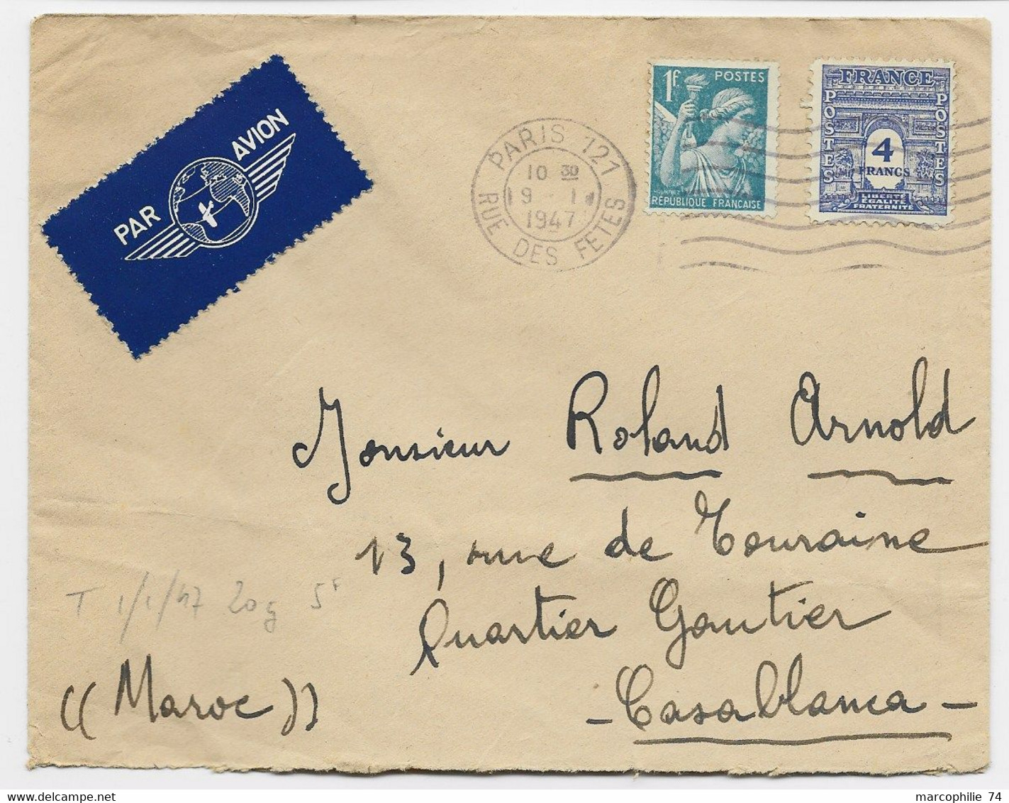 ARTC TRIOMPHE 4FR+ 1FR IRIS LETTRE AVION PARIS 121 9.1.1947 POUR LE MAROC AU TARIF - 1944-45 Arco Del Triunfo