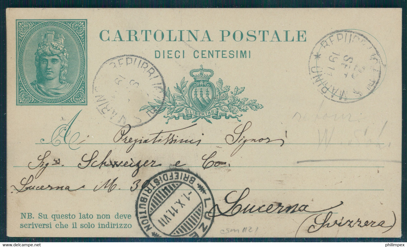 SAN MARINO, STATIONERY POSTCARD TO SWITZERLAND 1911, FULL TEXT - Lettres & Documents