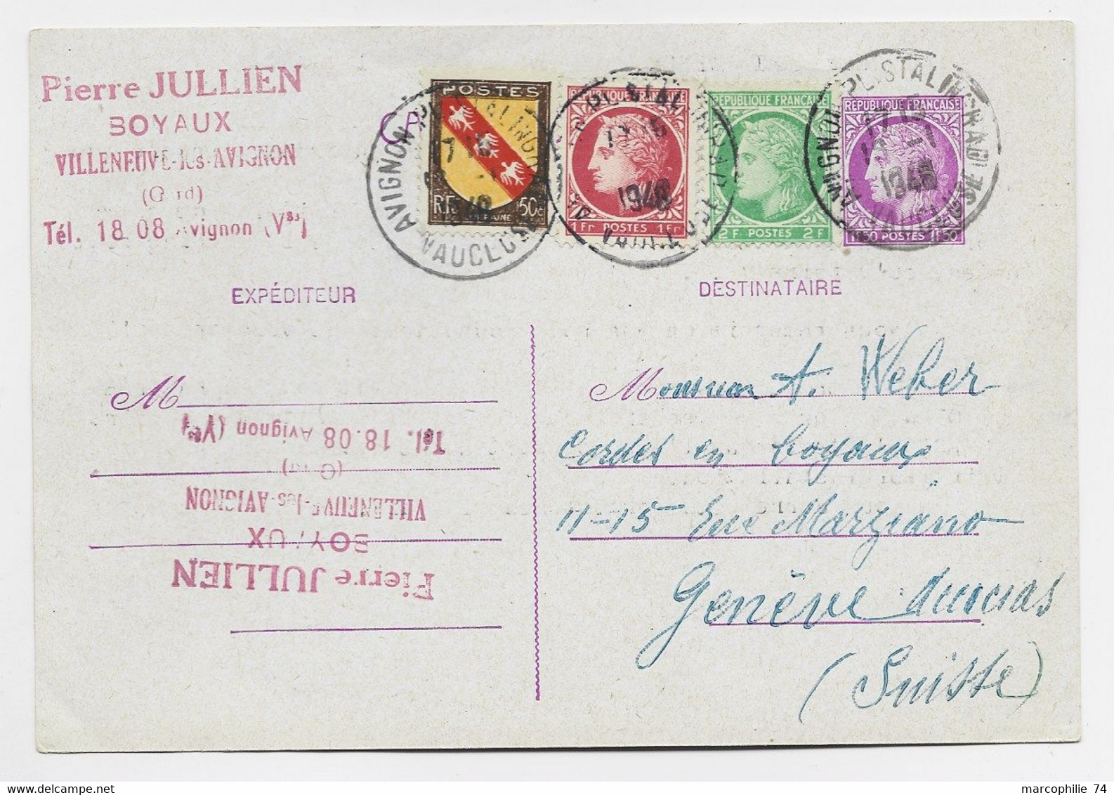 MAZELIN ENTIER 1FR50 CP +1FR+2FR +50C BLASON AVIGNON 1948 POUR SUISSE AU TARIF - 1945-47 Ceres Of Mazelin