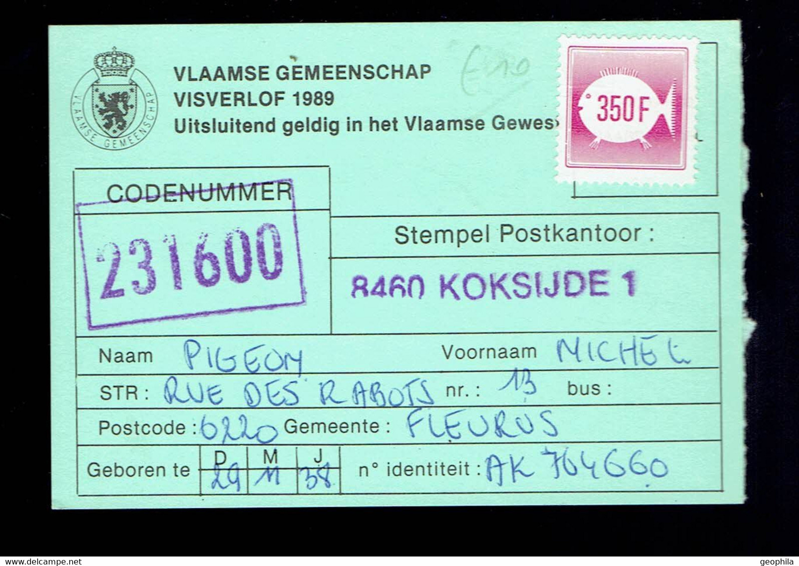 Vlaamse Gemeenschap Permis De Pêche  Viservlof  350 Frs 1989 Koksijde 03 08 89 Timbre Velghe N°2203 - 1981-1990 Velghe