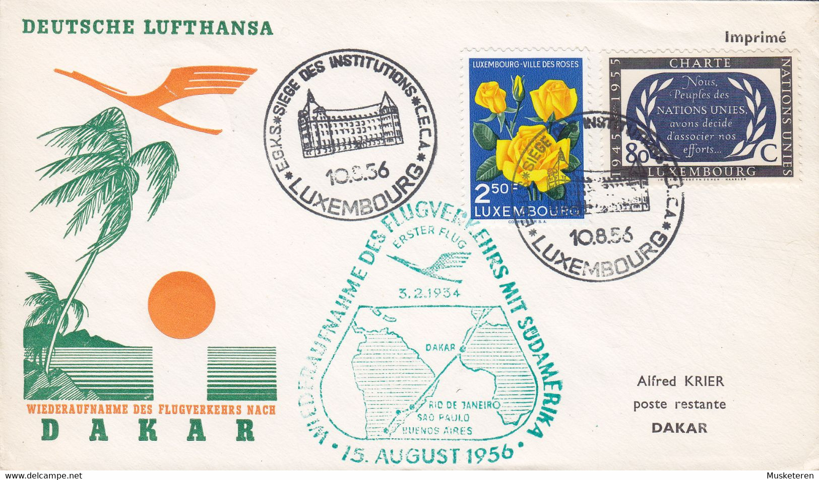 Luxembourg LUFTHANSA Wiederaufnahme Flugverkehrs Mit Südamerika LUXEMBOURG - DAKAR 1956 Cover Lettre Brief - Covers & Documents