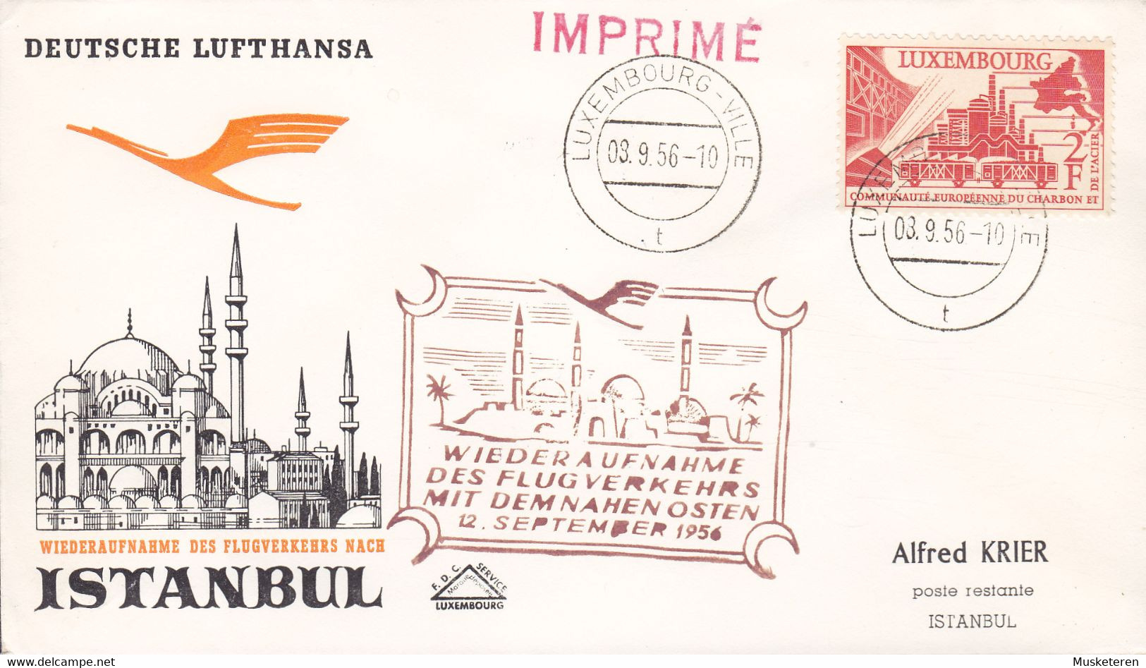 Luxembourg LUFTHANSA Wiederaufnahme Flugverkehrs Nahen Osten LUXEMBOURG-VILLE - ISTANBUL 1956 Cover Lettre Brief - Cartas & Documentos