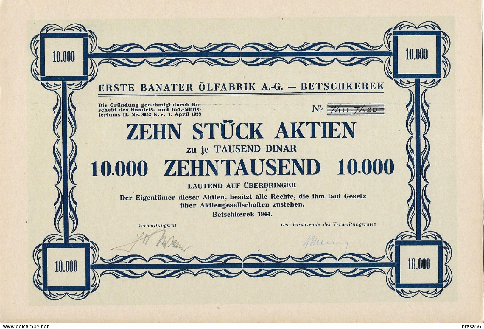 Germany WWII Serbia Banat 1944 Betscherek Zrenjanin Oil Factory Share Certificates Complete Rare Ja.3 - Agriculture