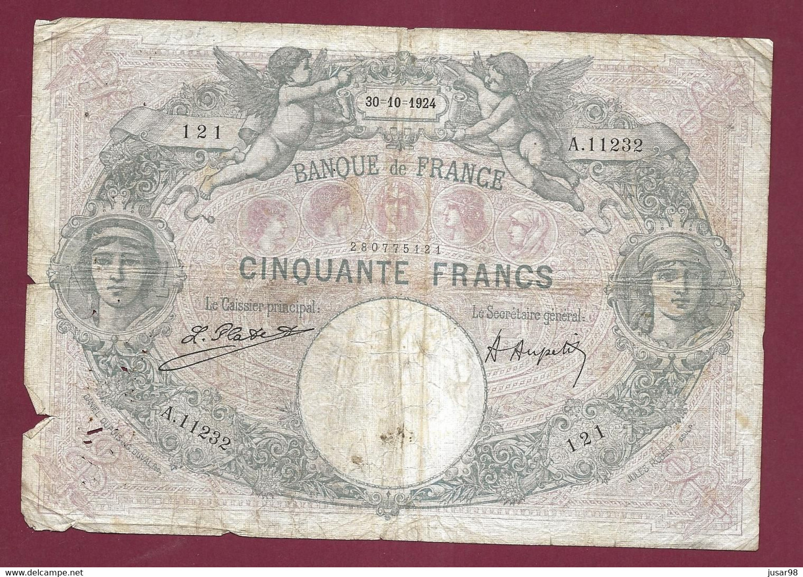 BILLET FRANCE 50 Cinquante FRANCS 30-10-1924 état Plis Trous Usure Tâches Déchirures ... - 50 F 1889-1927 ''Bleu Et Rose''