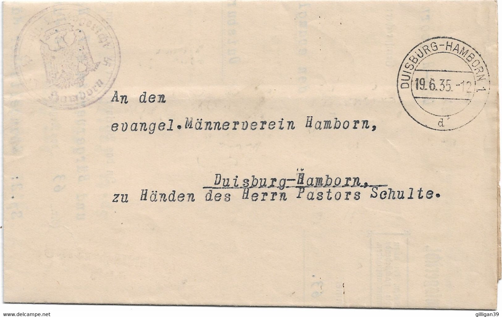 Faltbrief, Preuß. Amtsgericht Hamborn An Evangel. Männerverein Duisburg-Hamborn, Betr.:Eintrag Ins Vereinsregister, 1935 - Storia Postale