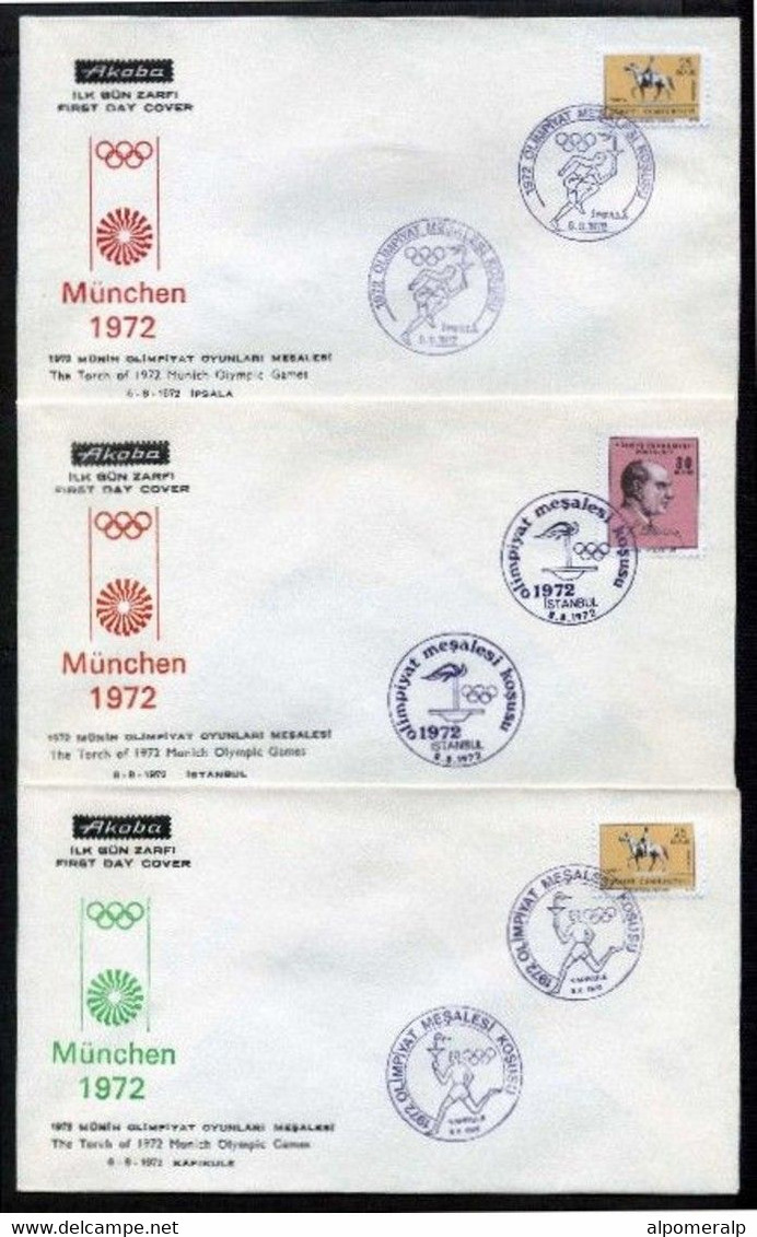 Turkey 1972 The Torch Of Munich Olympic Games, 3 Covers Set | Special Cover, Aug. 6-8-9 - Lettres & Documents