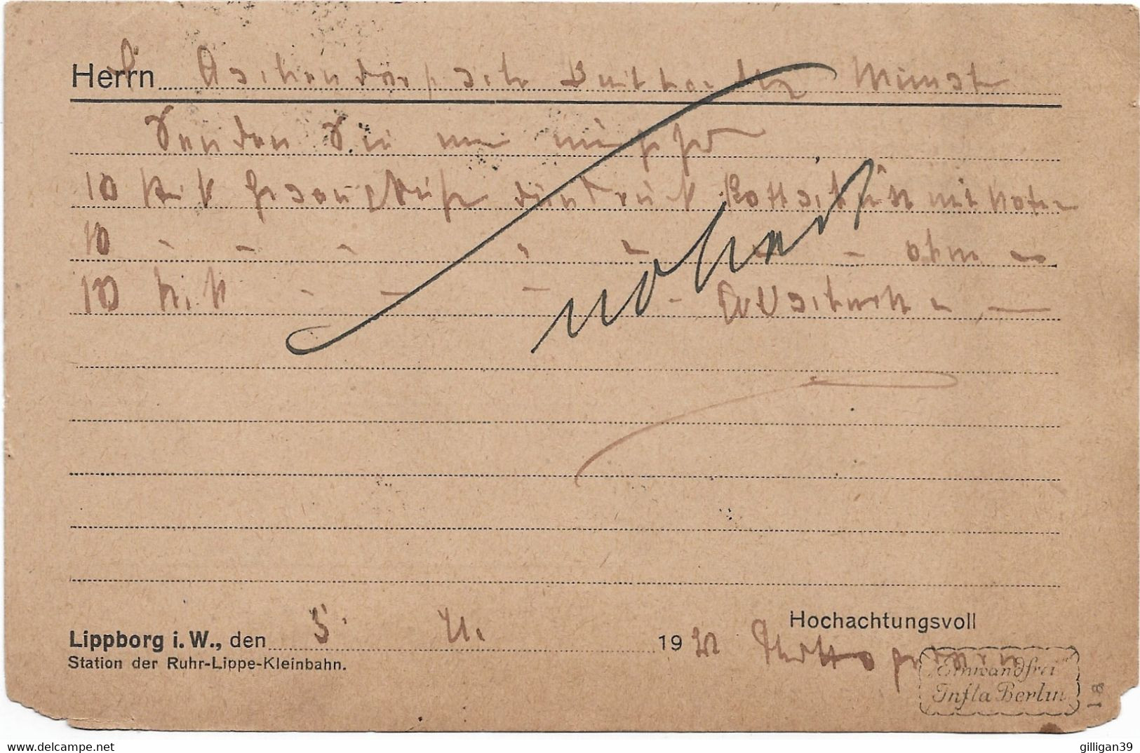 Heimatbeleg, Ganzsache, Theod, Hagedorn, Station Der Ruhr-Lippe-Kleinbahn, Poststempel Lippborg Auf DR 155 Geprüft, 1922 - Cartas & Documentos