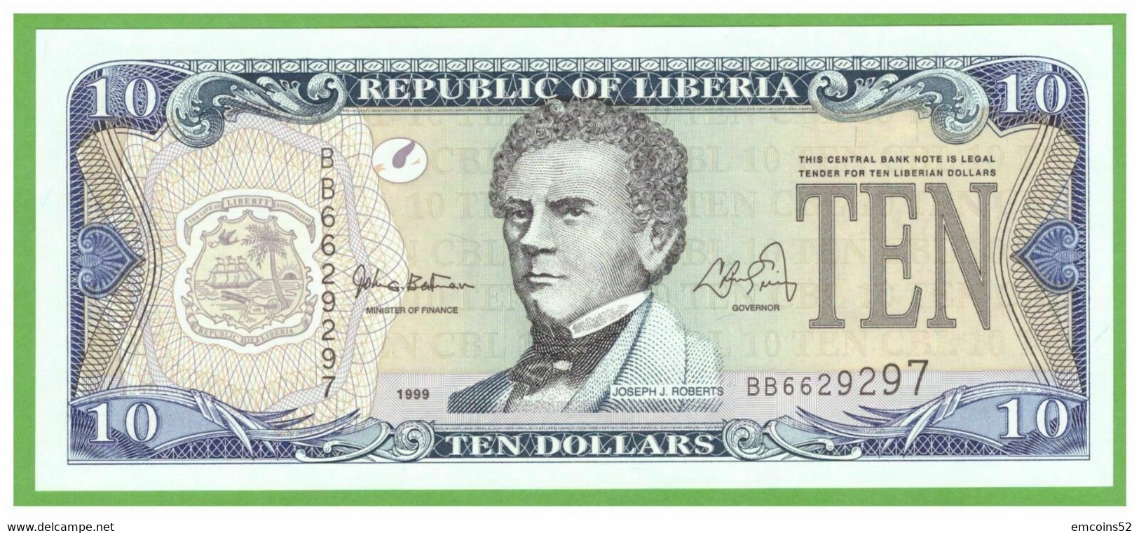 LIBERIA 10 DOLLARS 1999  P-22  UNC - Liberia