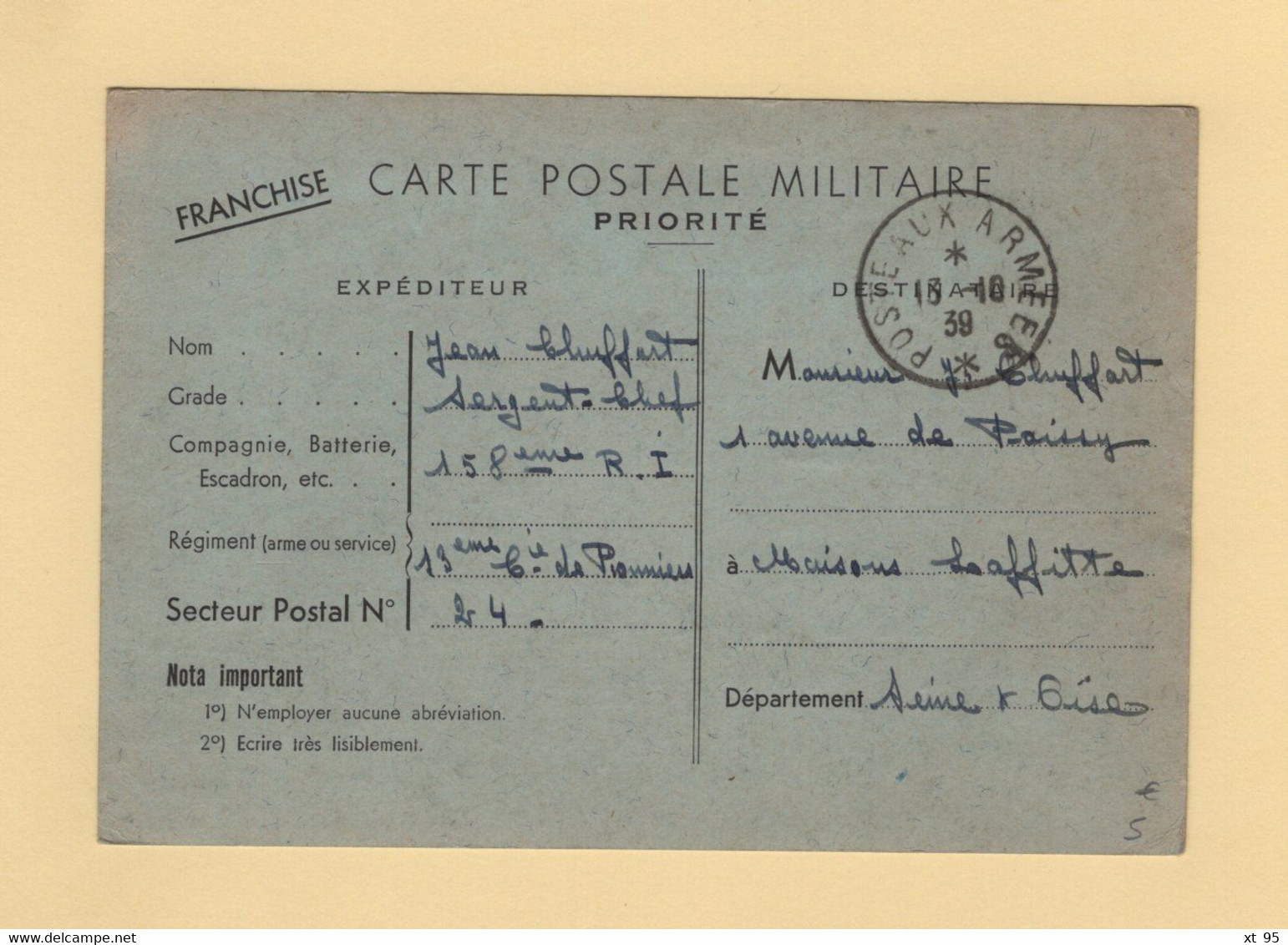 Carte Postale Militaire - Franchise - Poste Aux Armees - 1939 - Maisons Lafitte - 2. Weltkrieg 1939-1945