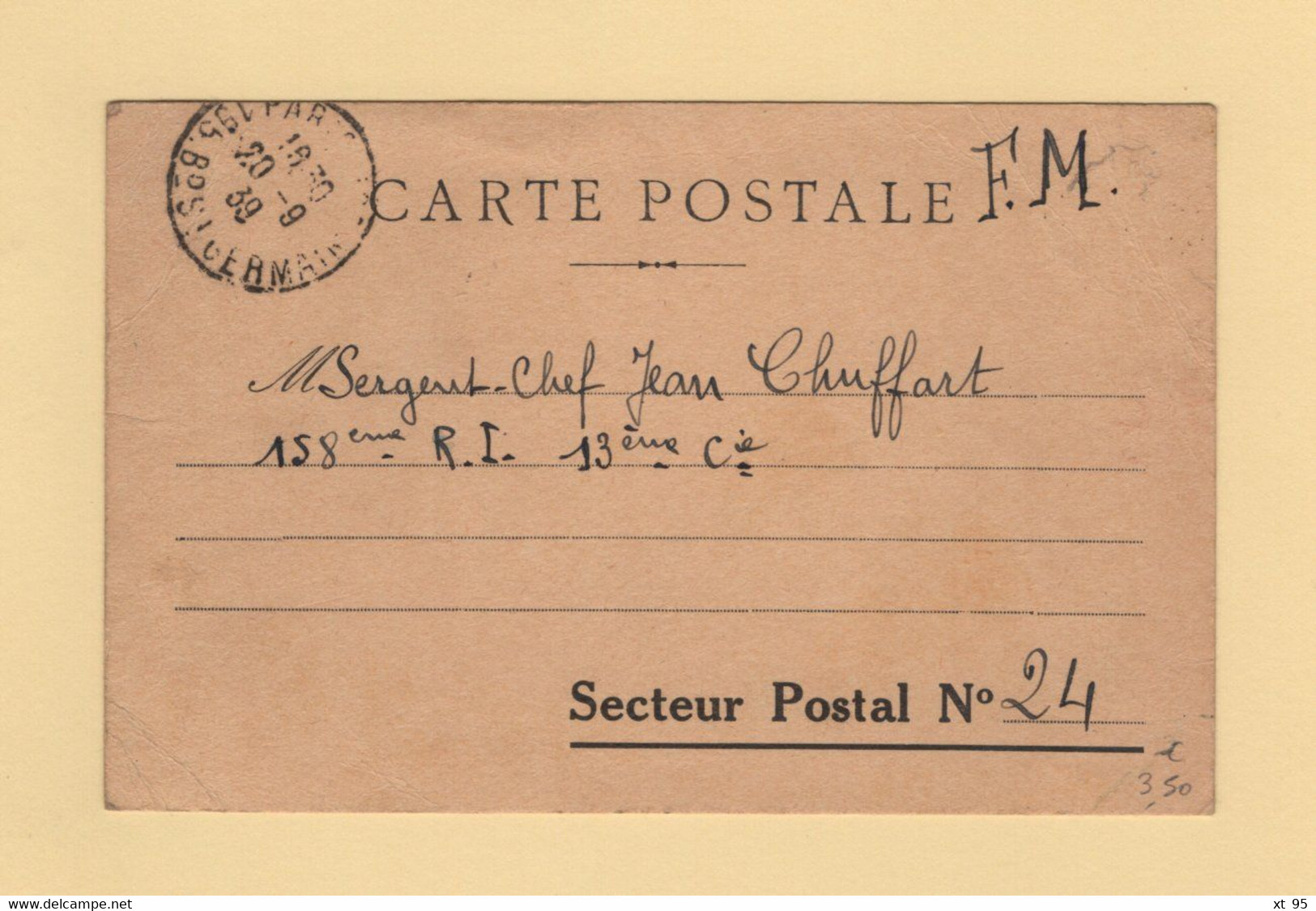 Carte Postale En FM Pour Le Secteur N°24 - Paris - 1939 - Oorlog 1939-45