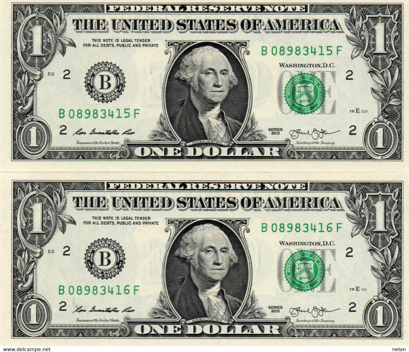S.U.A 1 DOLLAR 2013 B  P-537Br UNC CONSECUTIVE - Biljetten Van De  Federal Reserve (1928-...)