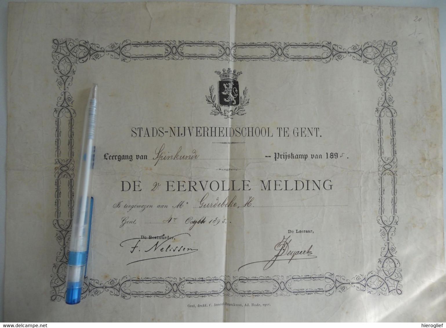 GENT STADSNIJVERHEIDSCHOOL 1895 LEERGANG SPINKUNDE 2e EERVOLLE MELDING - Diplomi E Pagelle