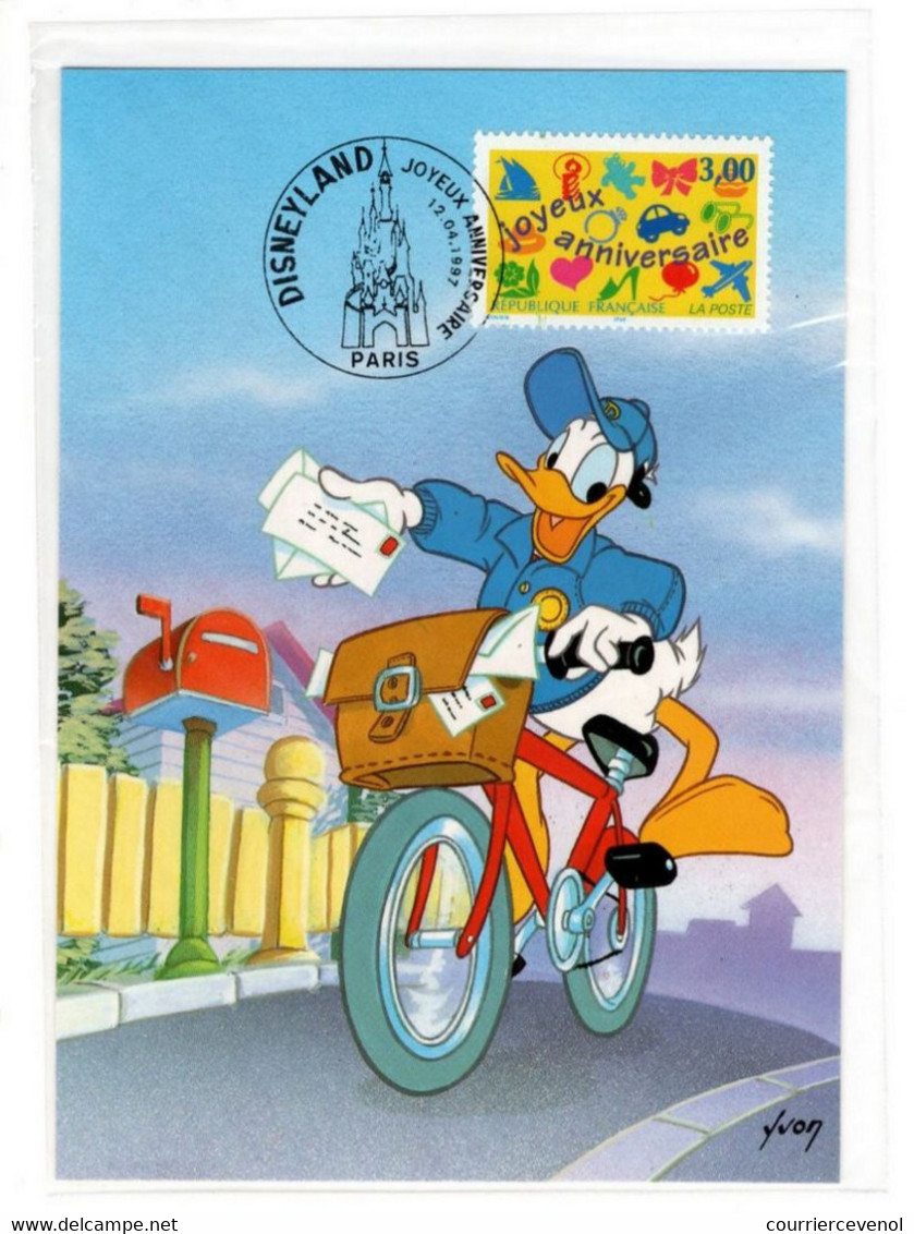 FRANCE - Carte Postale "Joyeux Anniversaire" - Coté Vue Obl Disneyland, Donald Duck - 1997 - PAP: Sonstige (1995-...)