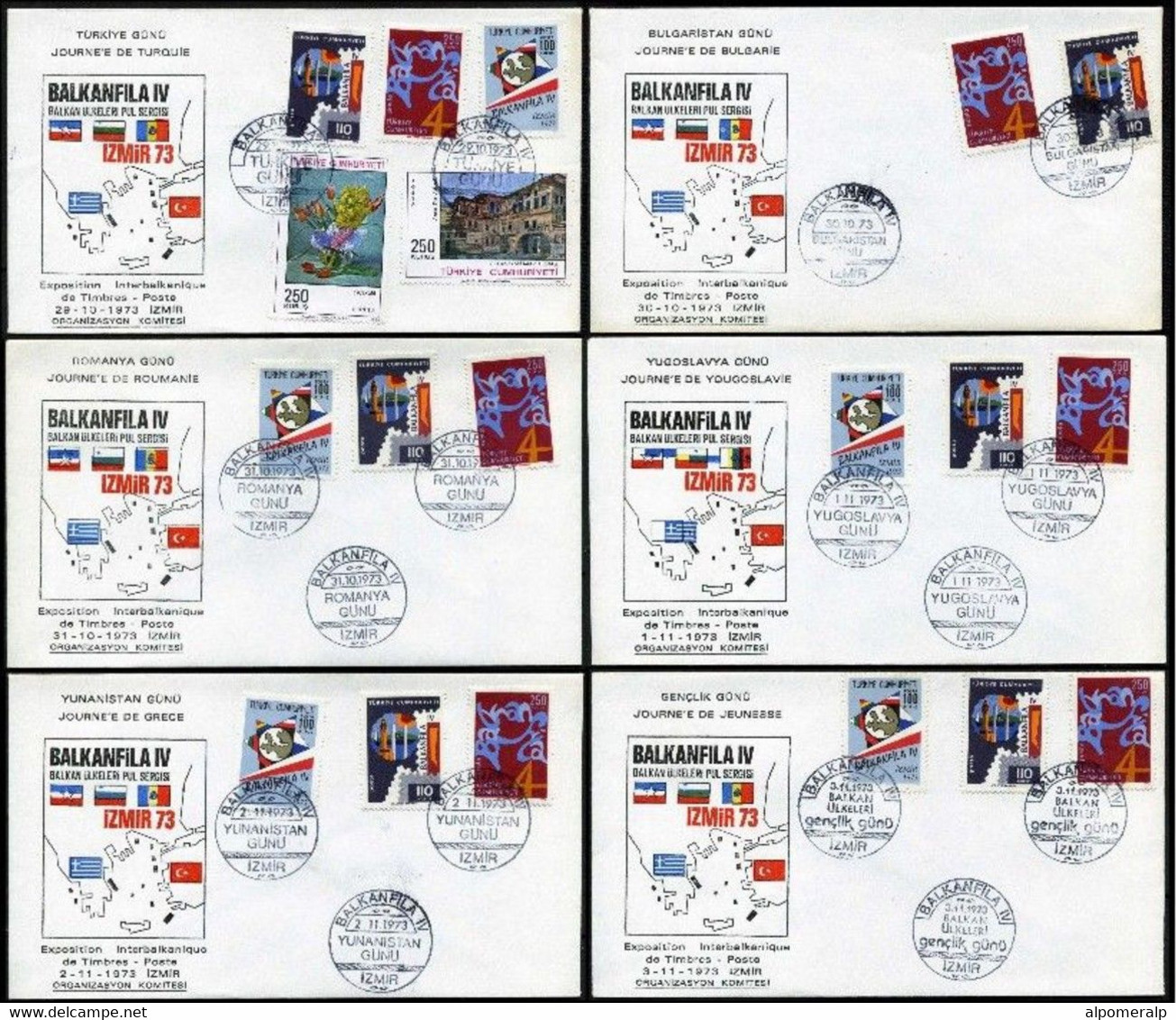 Turkey 1973 Balkan Countries Stamp Exhibition, Full Set 6 Covers | Special Cover, Izmir, Oct. 29 - Nov. 3 - Covers & Documents