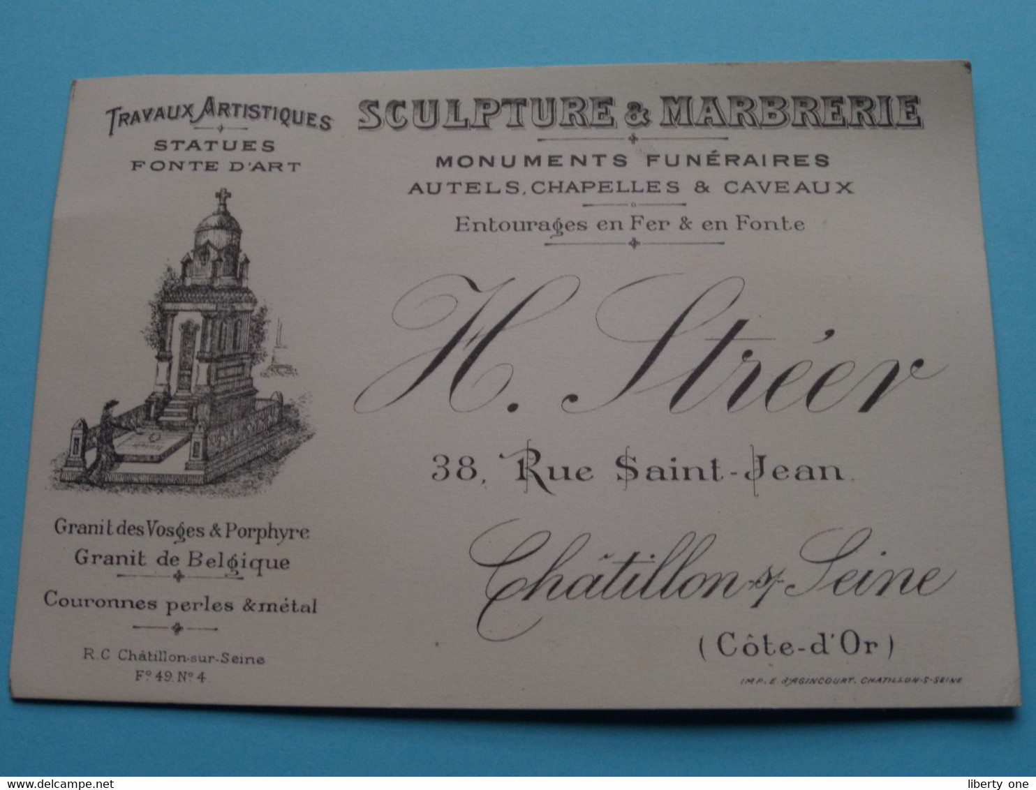 H. Stréer > Rue Saint Jean CHATILLON S/ Seine ( Côte D'Or ) SCULPTURE & MARBRERIE Mon. Funéraires > ( Voir Photos ) ! - Visiting Cards