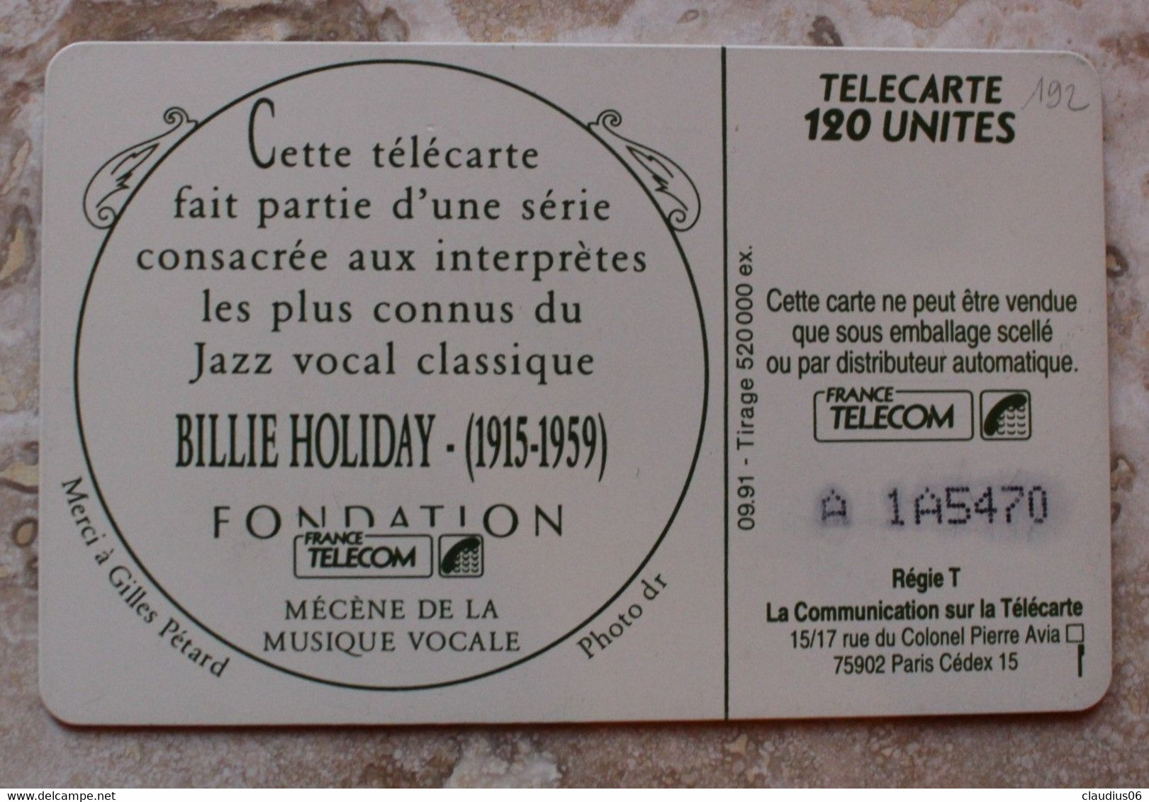 TELECARTE F192  BILLIE HOLIDAY * VARIETE * - 1991