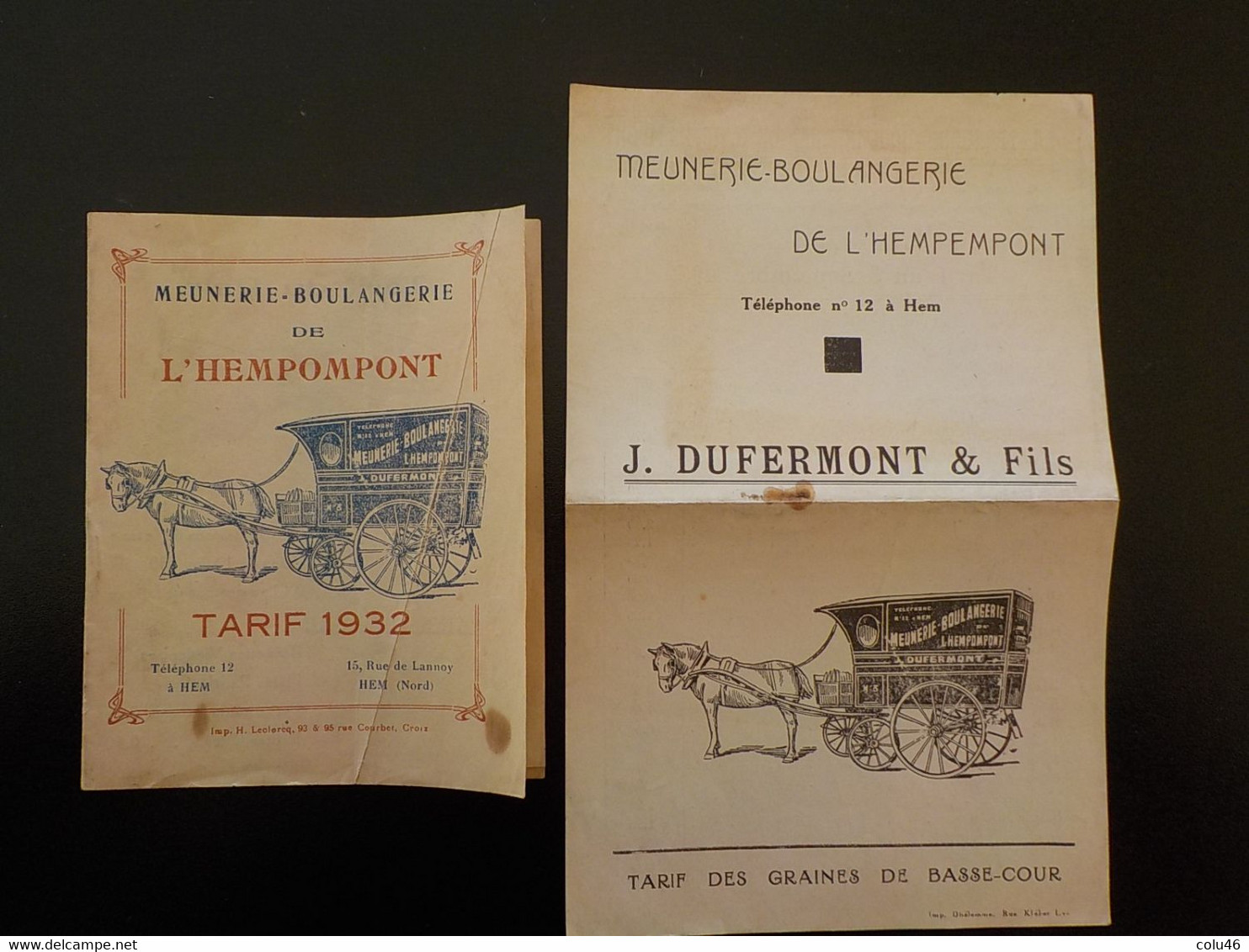 1932  Hem Lille Livret Catalogue Tarif Meunerie Boulangerie De L' Hempempont Dufermont & Fils Calèche Cheval Teléph 12 - Lille