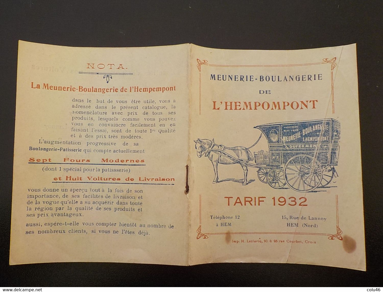 1932  Hem Lille Livret Catalogue Tarif Meunerie Boulangerie De L' Hempempont Dufermont & Fils Calèche Cheval Teléph 12 - Lille