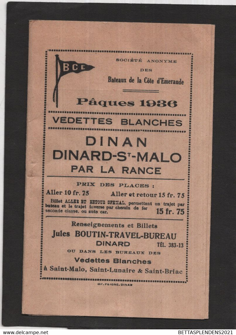 Bateaux De La Côte D'Emeraude Pâques 1936 - Vedettes Blanches - DINAN  DINARD / ST MALO Par La Rance & Chemins De Fer - Europe