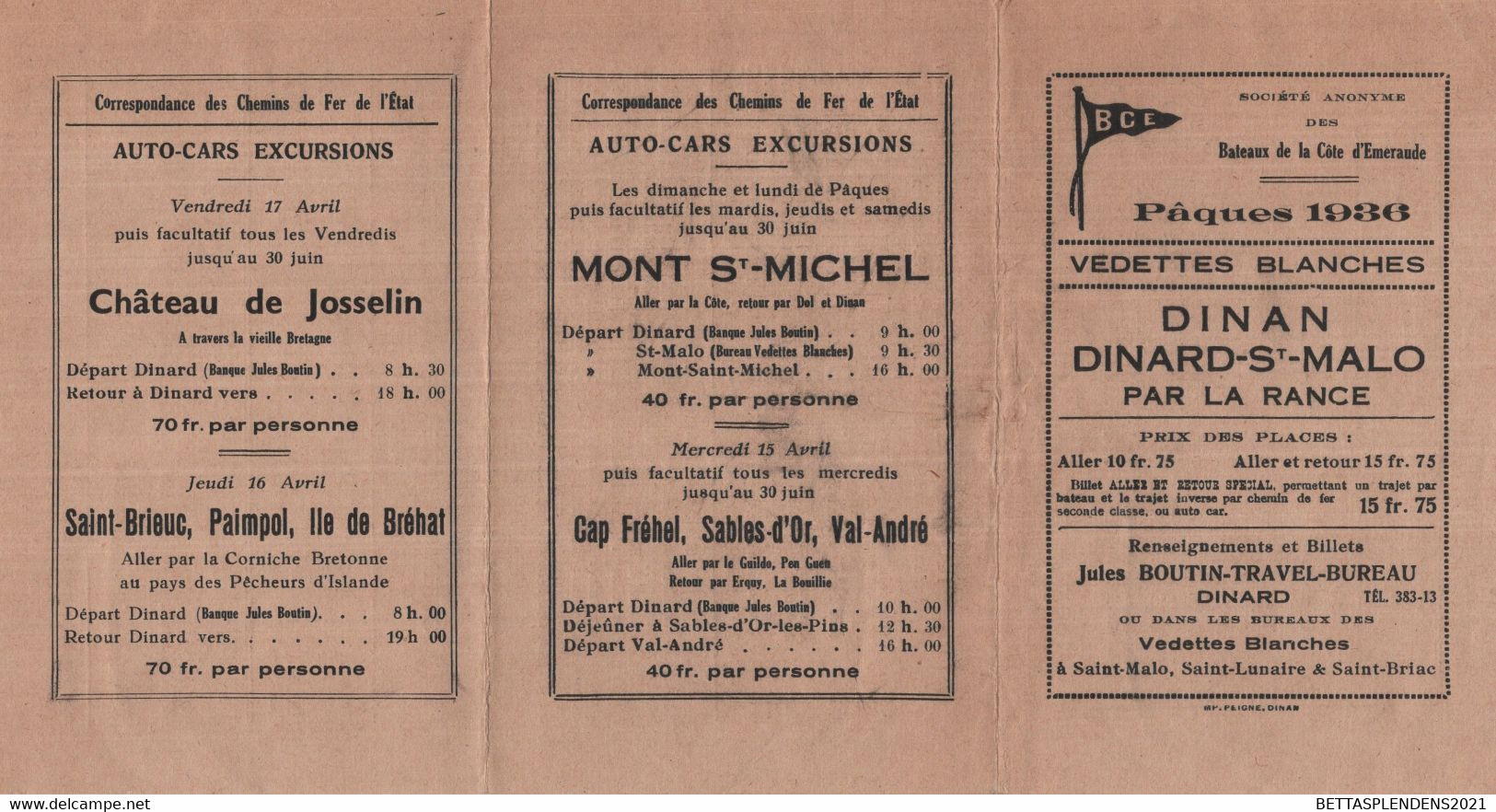 Bateaux De La Côte D'Emeraude Pâques 1936 - Vedettes Blanches - DINAN  DINARD / ST MALO Par La Rance & Chemins De Fer - Europe