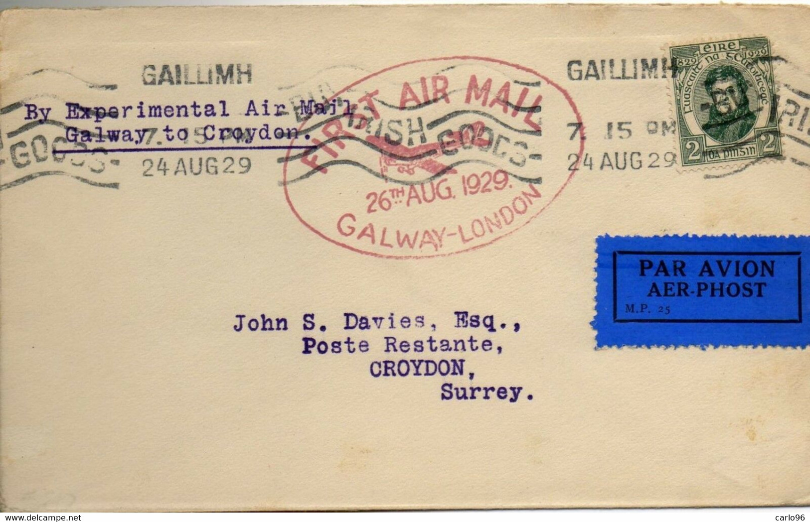 1929 PRIMO VOLO DI POSTA AEREA DA GALWAY / IRLANDA A LONDRA / REGNO UNITO - Airmail